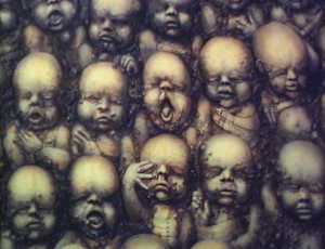 Landscape XIV. 1973. Acrylic on paper on wood- H.R. Giger