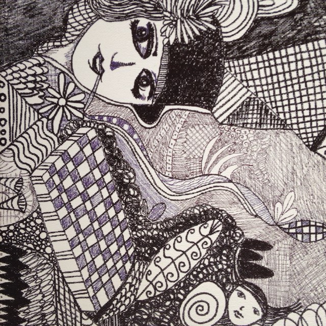 Girl Smoking- Tribute to Madge Gill- Linda Cleary 2014- Pen & Ink on canvas