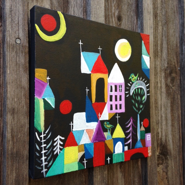 Side-View Churches, Sun and Moon- Tribute to Paul Klee Linda Cleary 2014 Acrylic on canvas