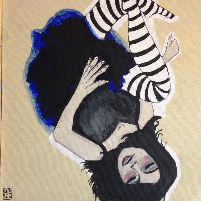 Girl in striped stockings- Tribute to Egon Schiele- Linda Cleary 2014 Acrylic on canvas
