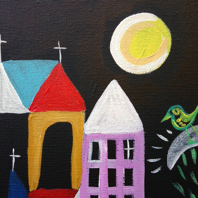 Close-Up 2 Churches, Sun and Moon- Tribute to Paul Klee Linda Cleary 2014 Acrylic on canvas