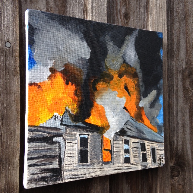 Side- View The Roof is on Fire- Tribute to Joy Garnett Linda Cleary 2014 Acrylics on canvas