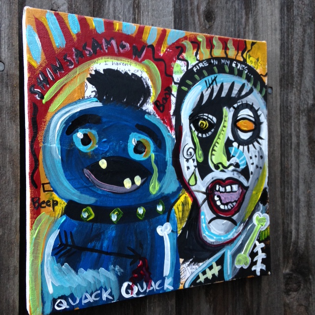 Side-View There are Secrets under Me and My Puppet- Tribute to Jean Michel Basquiat Linda Cleary 2014 Acrylic/Pen/Paper/Glue on Canvas