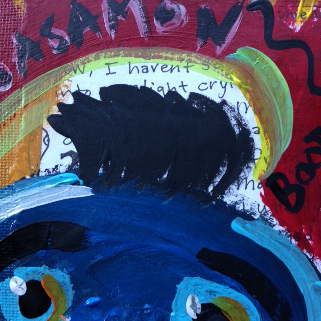 Close-Up 3 There are Secrets under Me and My Puppet- Tribute to Jean Michel Basquiat Linda Cleary 2014 Acrylic/Pen/Paper/Glue on Canvas