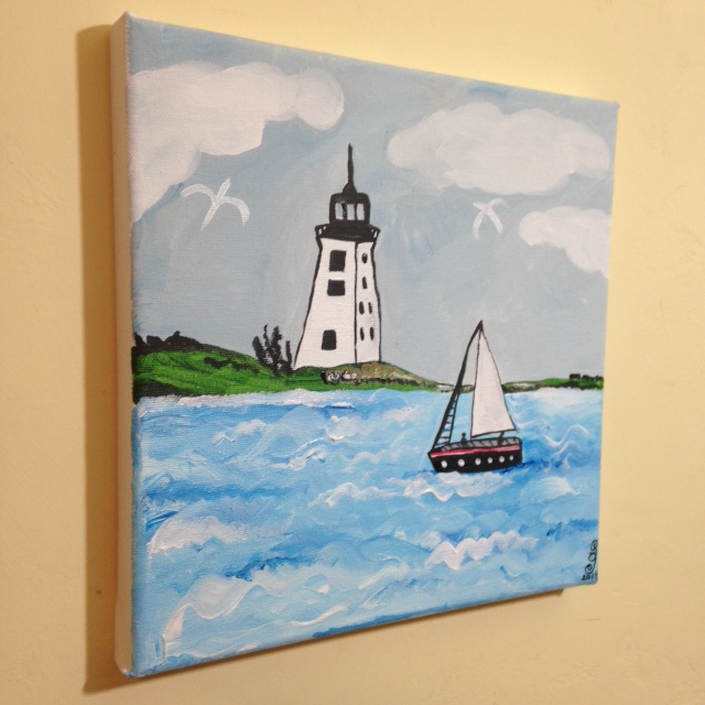 Side-View Sailing by the lighthouse- Tribute to Alfred Wallis Linda Cleary 2014 Acrylic on Canvas
