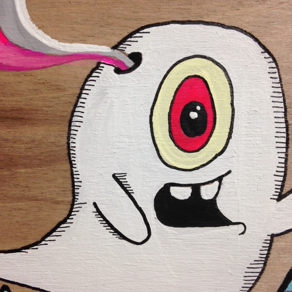 Close-Up 2 Ghost Dude- Tribute to Buff Monster Linda Cleary 2014 Acrylic on Wood Panel