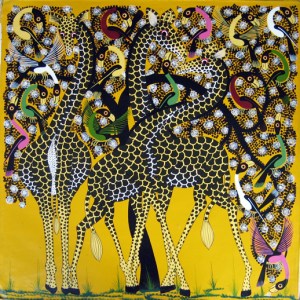 I believe this is an example of a Tingatinga painting done by a student.