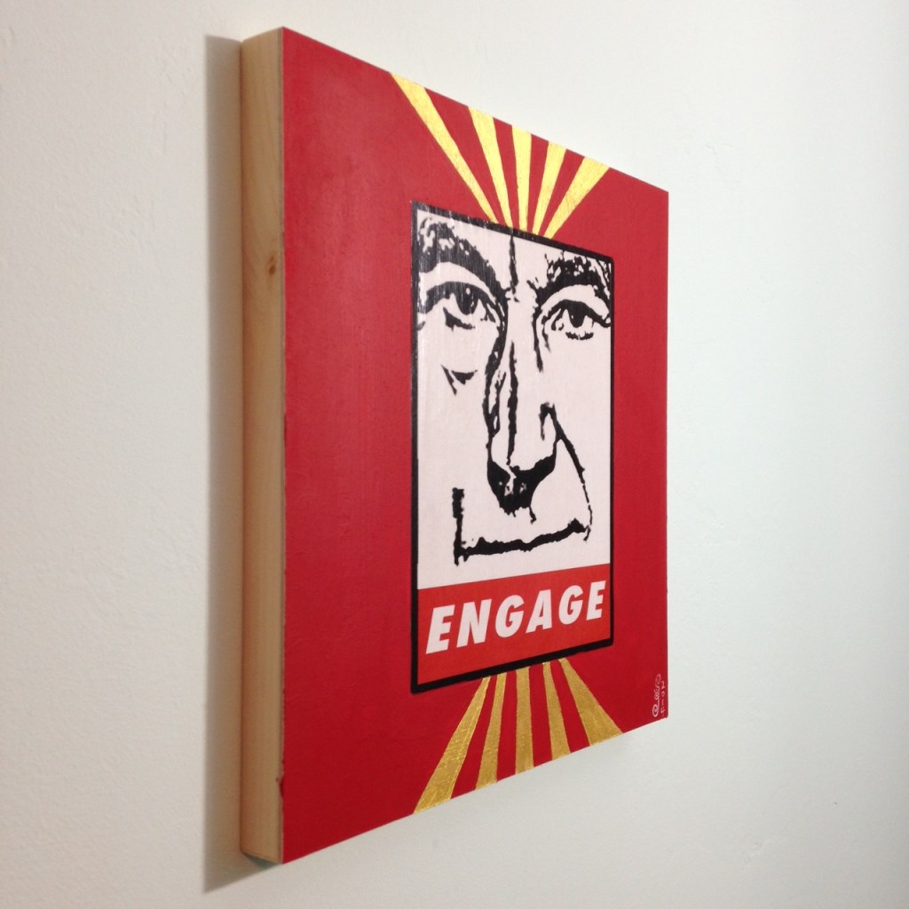 Side-View ENGAGE- Tribute to Shepard Fairey Linda Cleary 2014 Mixed Media/Acrylic on Wood Panel 