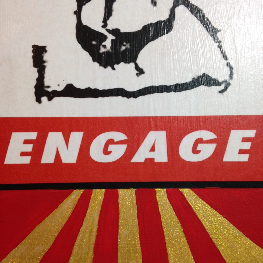 Close-Up 1 ENGAGE- Tribute to Shepard Fairey Linda Cleary 2014 Mixed Media/Acrylic on Wood Panel 