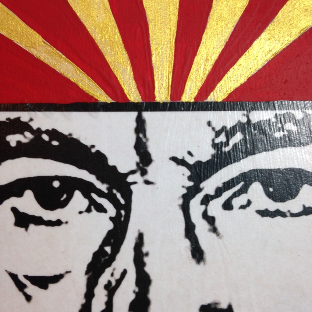 Close-Up 3 ENGAGE- Tribute to Shepard Fairey Linda Cleary 2014 Mixed Media/Acrylic on Wood Panel 