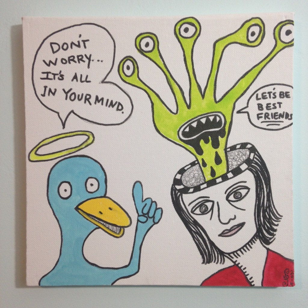 Let's Be Best Friends- Tribute to Daniel Johnston Linda Cleary 2014 Pen & Ink/ Acrylic on Canvas