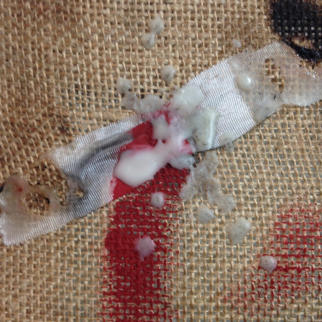 Close-Up 1 Dolore- Tribute to Alberto Burri Linda Cleary 2014 Mixed Media on Burlap (wax, medical tape, acrylic, thread, tape)