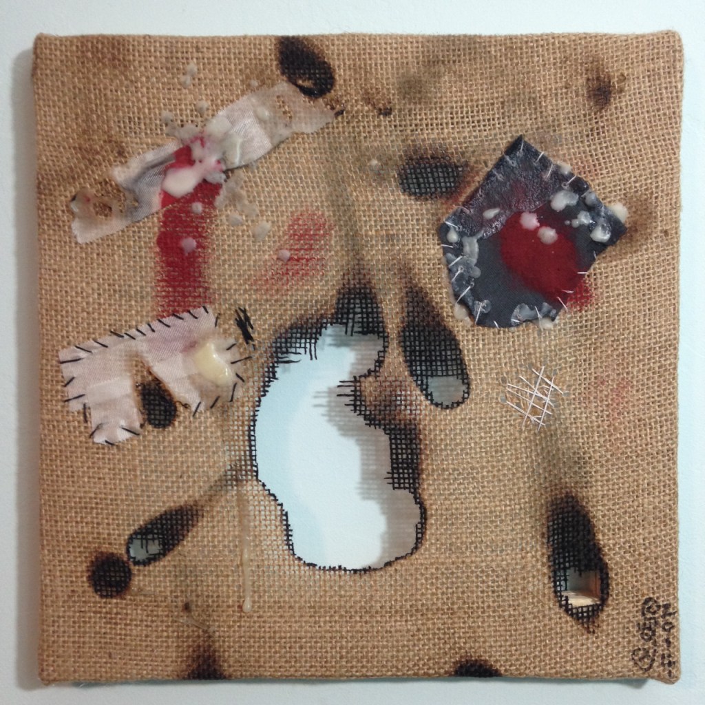 Dolore- Tribute to Alberto Burri Linda Cleary 2014 Mixed Media on Burlap (wax, medical tape, acrylic, thread, tape)
