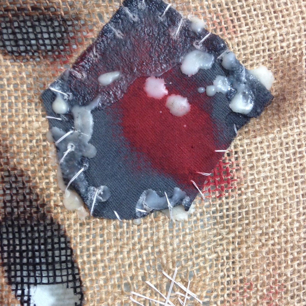 Close-Up 2 Dolore- Tribute to Alberto Burri Linda Cleary 2014 Mixed Media on Burlap (wax, medical tape, acrylic, thread, tape)