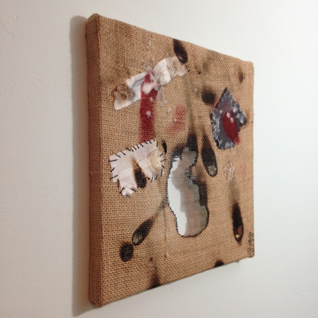 Side-View Dolore- Tribute to Alberto Burri Linda Cleary 2014 Mixed Media on Burlap (wax, medical tape, acrylic, thread, tape)
