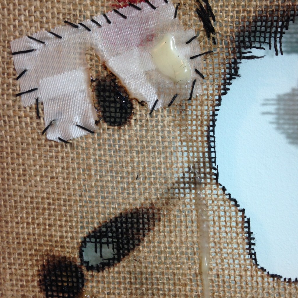 Close-Up 3 Dolore- Tribute to Alberto Burri Linda Cleary 2014 Mixed Media on Burlap (wax, medical tape, acrylic, thread, tape)