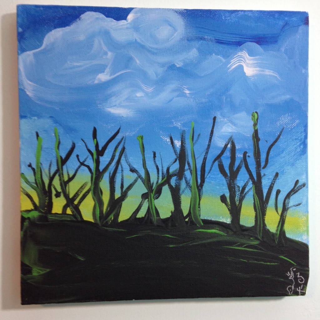 Trees During Sunset- Tribute to the Mouth and Foot Painting Artists Linda Cleary 2014 Acrylic on Canvas