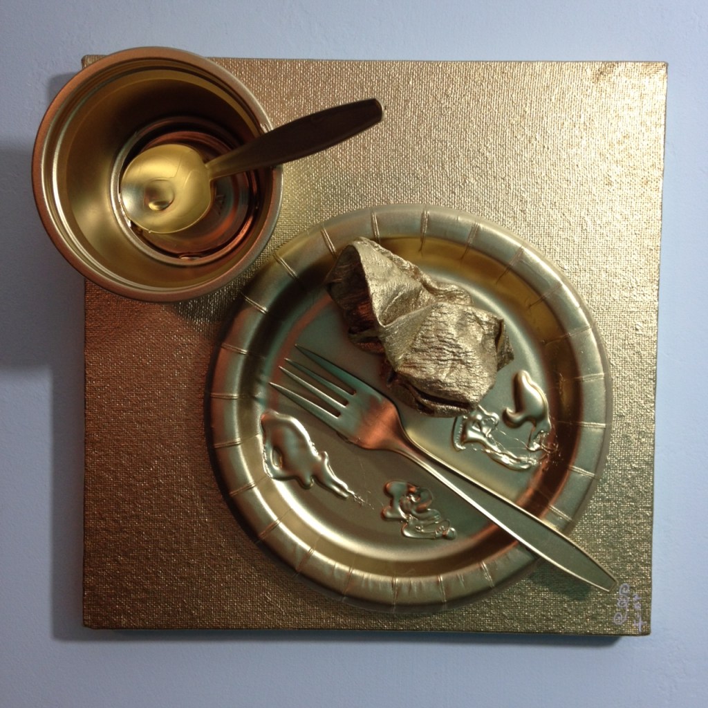 A Light Snack- Tribute to Daniel Spoerri Linda Cleary 2014 Mixed Media on Canvas