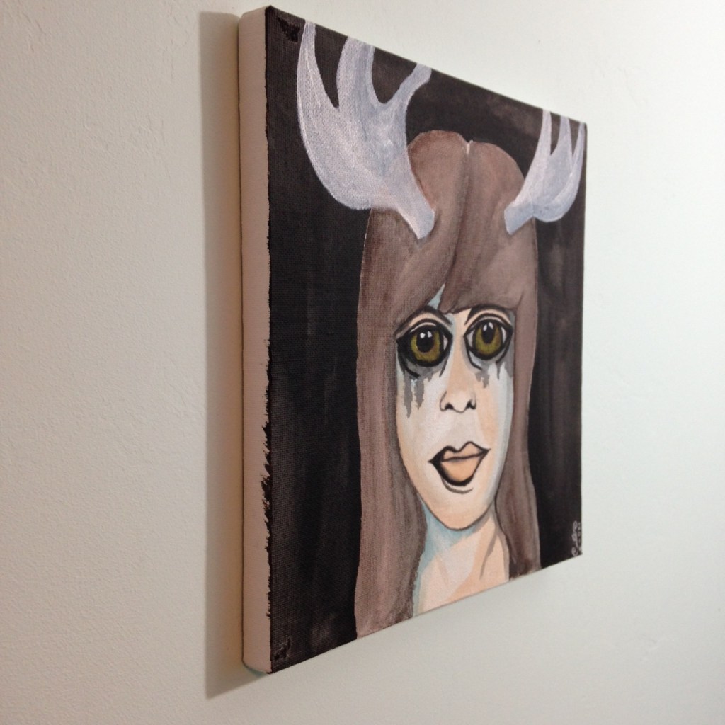 Side-View Self-Portrait with Antlers- Tribute to Francesco Clemente Linda Cleary 2014 Acrylic & Watercolor on Canvas