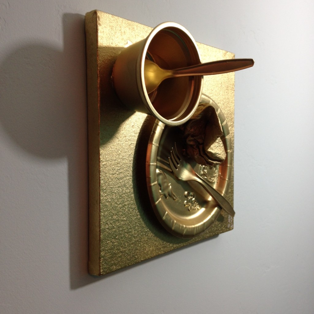 Side-View A Light Snack- Tribute to Daniel Spoerri Linda Cleary 2014 Mixed Media on Canvas