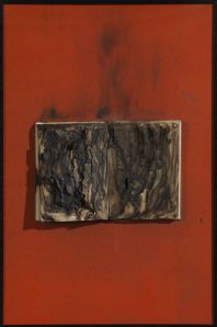 Bernard Aubertin. Livre Brule (on red), 1974. Framed burnt book