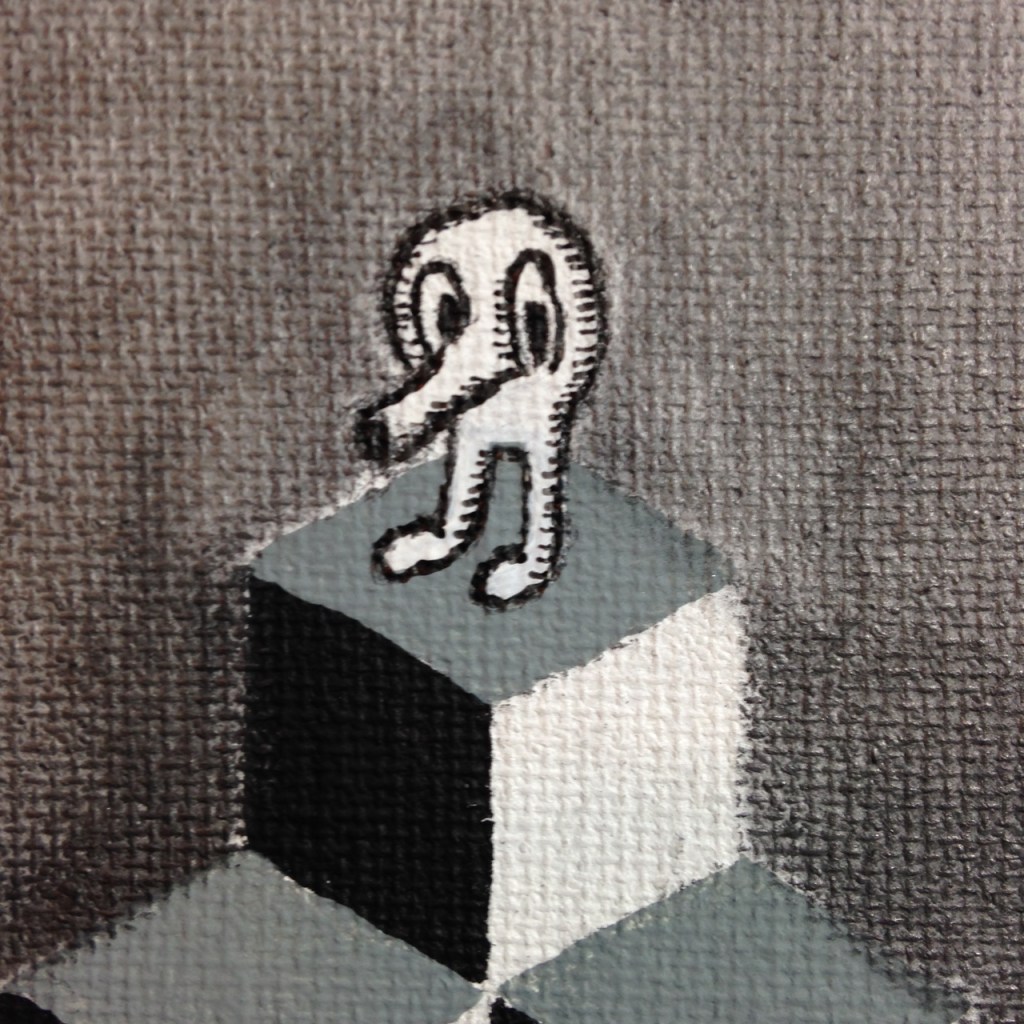 Close-Up 1 Q-Bert- Tribute to M.C. Escher Linda Cleary 2014 Acrylic and Graphite on Canvas