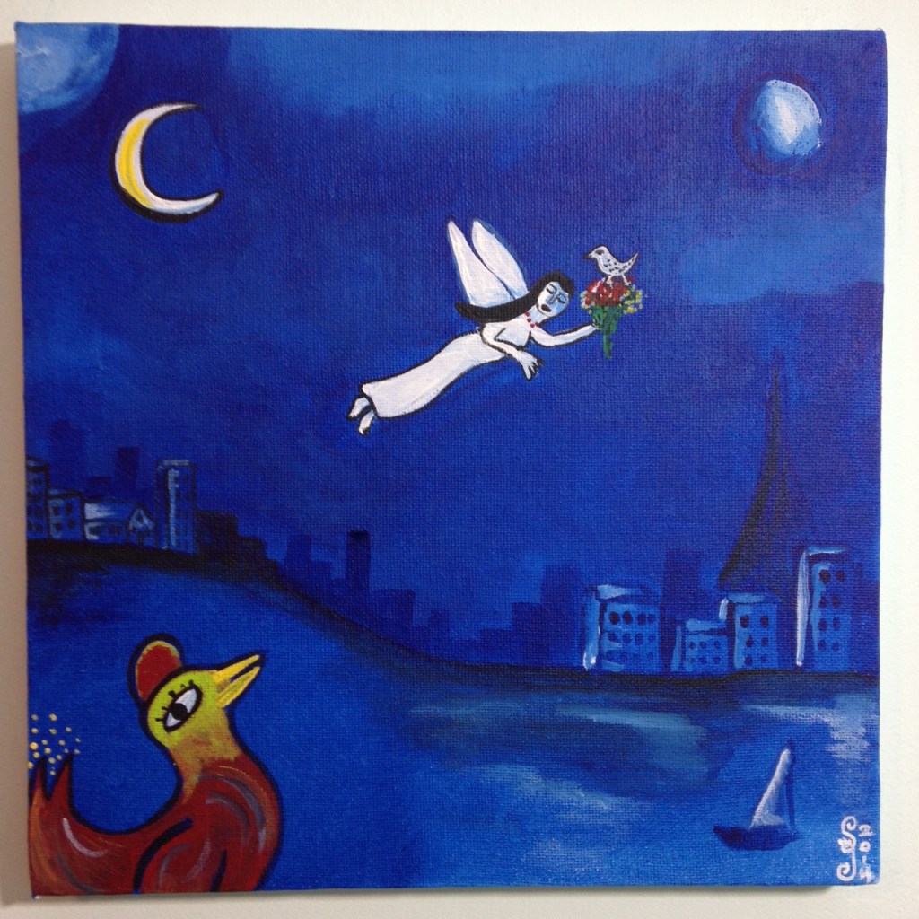 Blue Night Flight- Tribute to Marc Chagall Linda Cleary 2014 Acrylic on Canvas