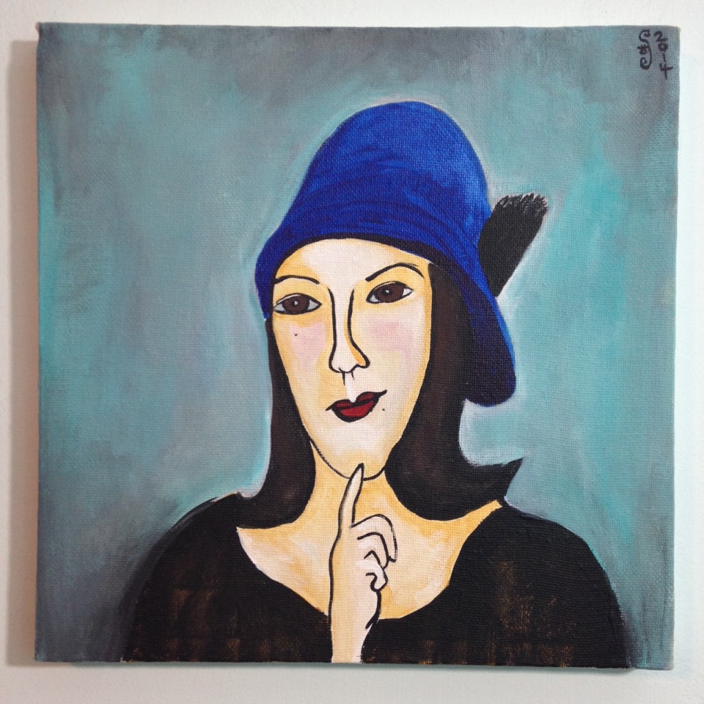 Self Portrait in a Blue Hat- Tribute to Amedeo Modigliani  Linda Cleary 2014 Acrylic on Canvas
