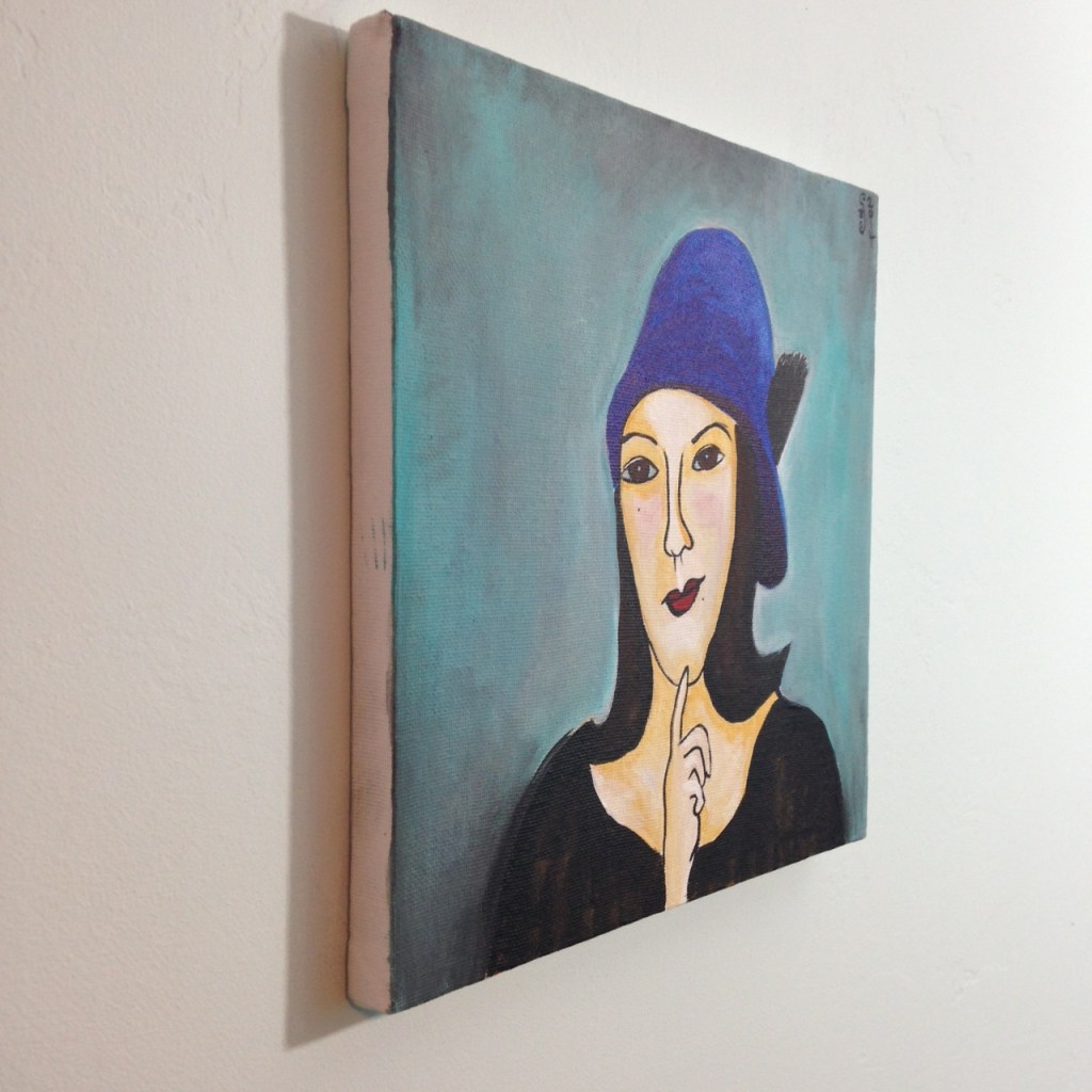 Side-View Self Portrait in a Blue Hat- Tribute to Amedeo Modigliani  Linda Cleary 2014 Acrylic on Canvas